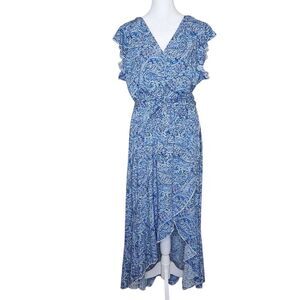 Grecerelle Hi Low Dress Women's XL Faux Wrap Front Flutter Sleeve Blue Paisley